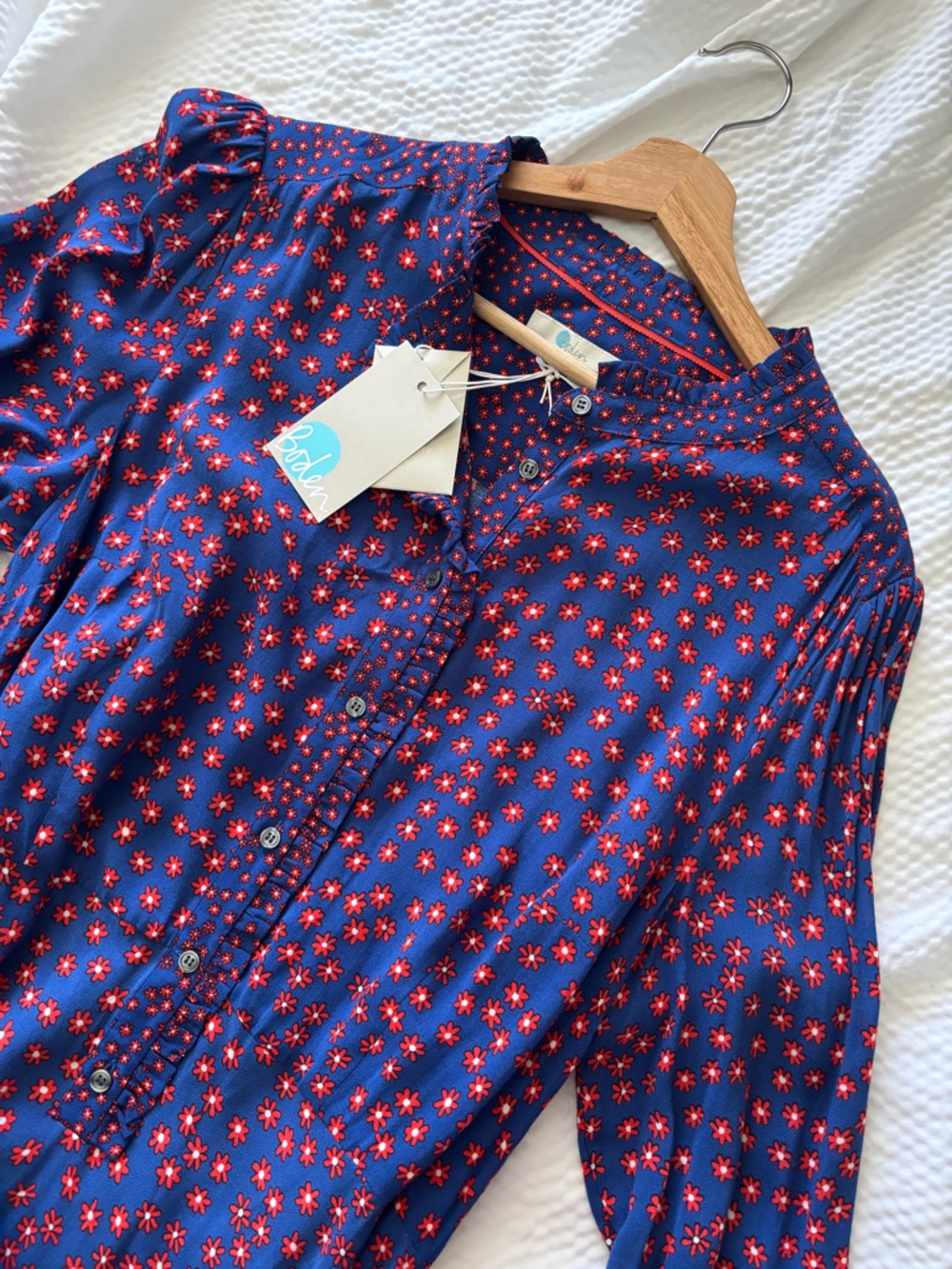 Boden Navy Red Floal Belted Midi Shirt Dress